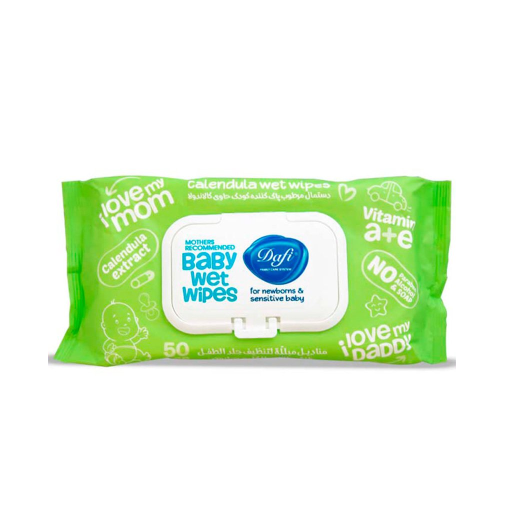 Dafi-Calendula-Baby-Wet-Wipes-For-Sensitive-Skins-50pcs.jpg دستمال مرطوب کودک کالاندولا 50 برگ سبز دافی - Image 1