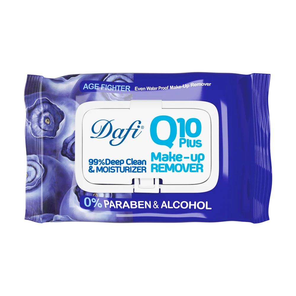 کیوتن-بلوبری.webp دستمال مرطوب پاک کننده آرایش دافی مدل Q10 طرح میوه بلوبری بسته 50 عددی - Image 1
